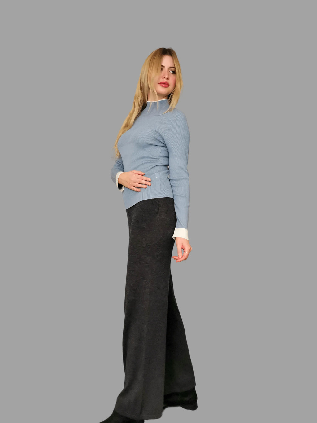 Superfine Pure Merino Wool Funnel Neck Jumper Blue - Vshine Silk and Shine 