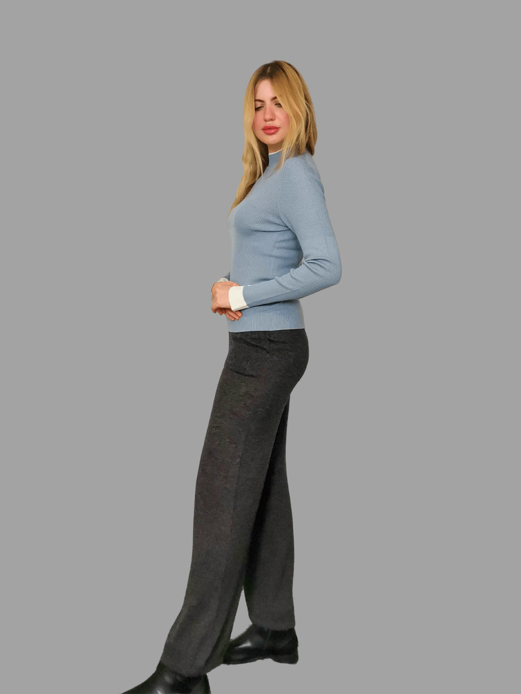 Superfine Pure Merino Wool Funnel Neck Jumper Blue - Vshine Silk and Shine 