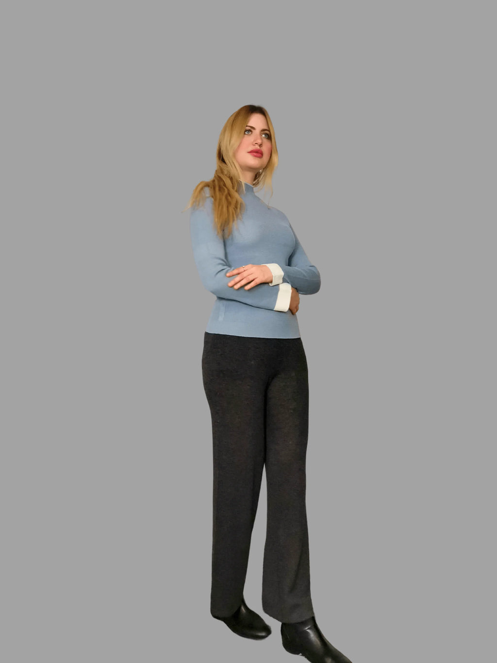 Superfine Pure Merino Wool Funnel Neck Jumper Blue - Vshine Silk and Shine 