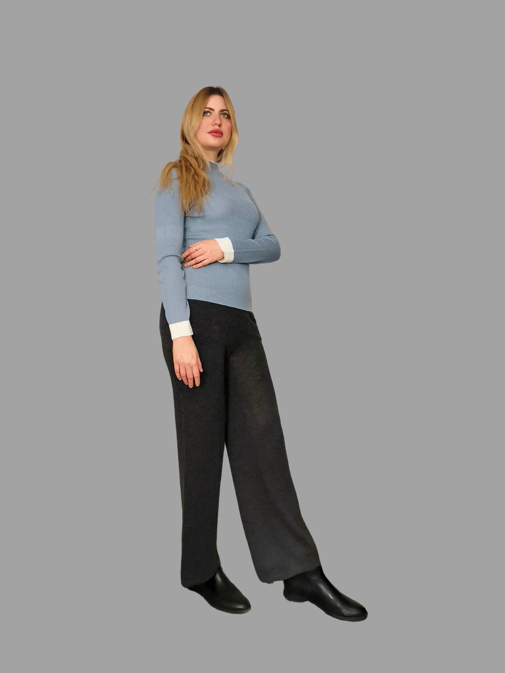 Superfine Pure Merino Wool Funnel Neck Jumper Blue - Vshine Silk and Shine 
