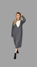 Long Line 100% Merino Wool Dress Deep V neck with long sleeves in neutral grey colour - Vshine Silk and Shine 