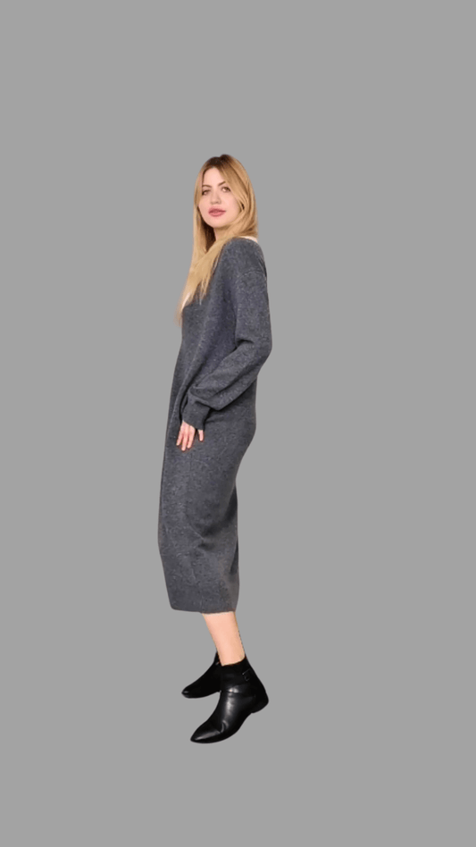 Long Line 100% Merino Wool Dress Deep V neck with long sleeves in neutral grey colour