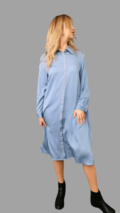 Mulberry Silk Dress with long Sleeves in Pale Grey Blue with Embroidery Design one size