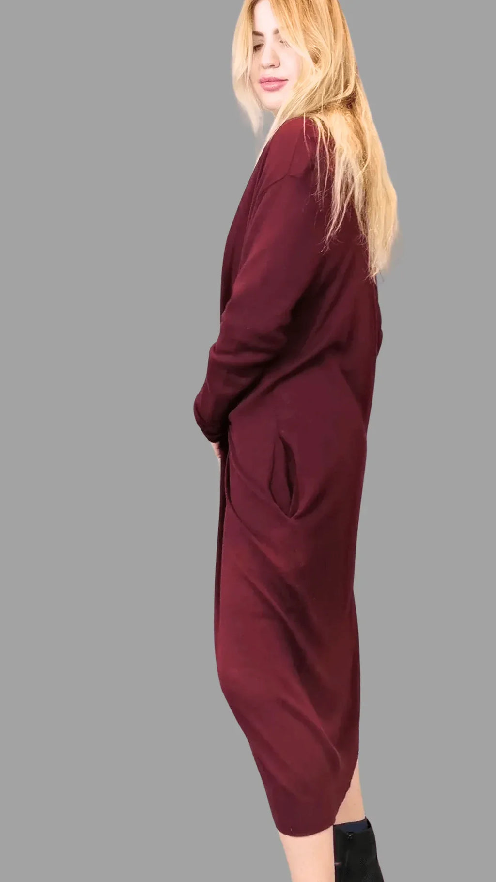 Pure Yak Wool Longline Cardigan in Burgundy One size - Vshine Silk and Shine 