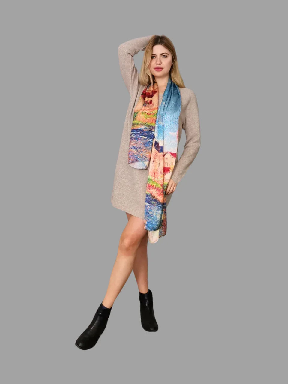 100% Merino Wool Midi Dress with sleeves in beige colour - Vshine Silk and Shine 