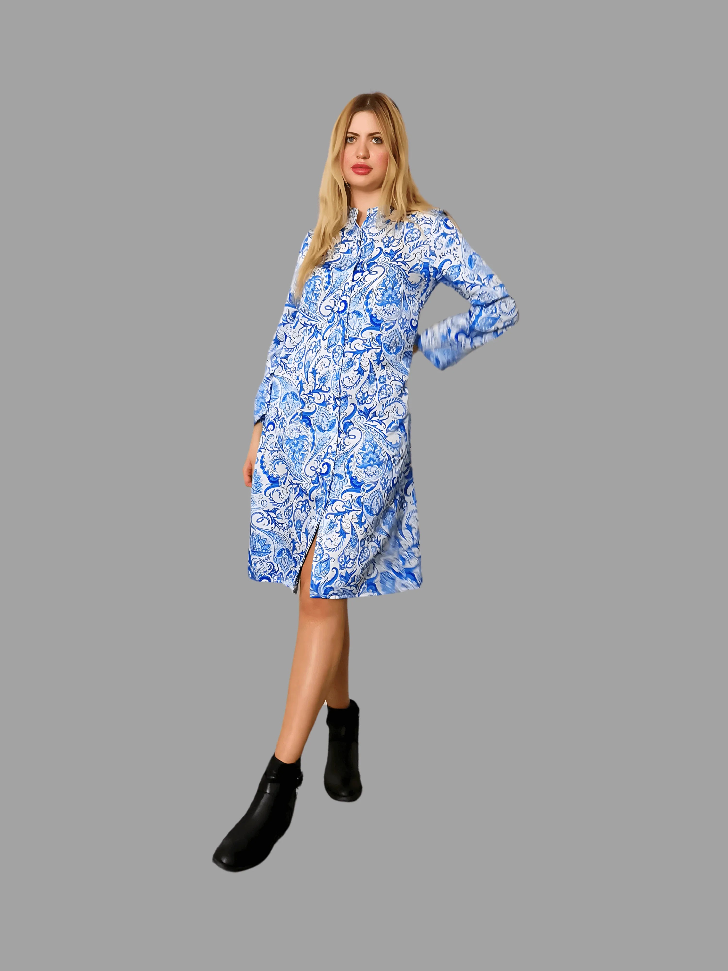 Mulberry Silk Cotton Blend Shirt Dress with Paisley Pattern in Blue - Vshine Silk and Shine 