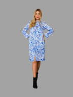 Mulberry Silk Cotton Blend Shirt Dress with Paisley Pattern in Blue - Vshine Silk and Shine 