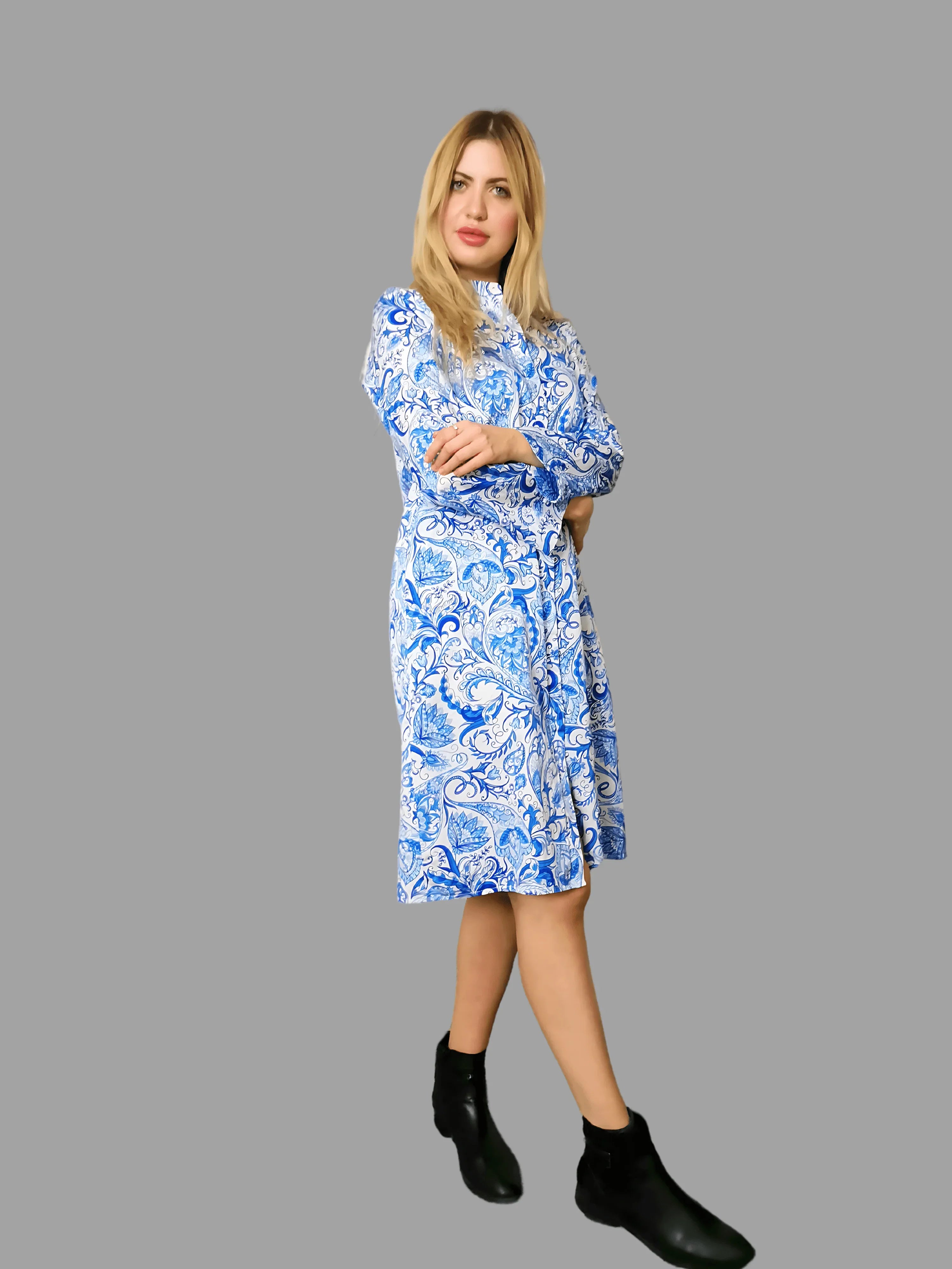 Mulberry Silk Cotton Blend Shirt Dress with Paisley Pattern in Blue - Vshine Silk and Shine 