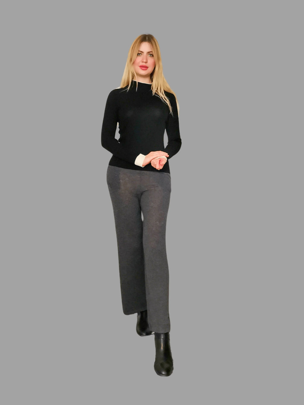 Superfine Pure Merino Wool Funnel Neck Jumper Black - Vshine Silk and Shine 