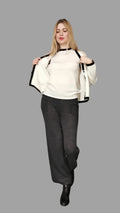 Pure Merino Wool V Neck Cardigan White with Contrasting Detail - Vshine Silk and Shine 