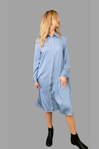 Mulberry Silk Dress with long Sleeves in Pale Grey Blue with Embroidery Design one size - Vshine Silk and Shine 