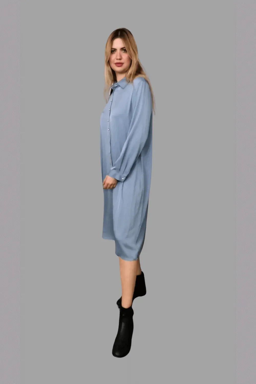 Mulberry Silk Dress with long Sleeves in Pale Grey Blue with Embroidery Design one size - Vshine Silk and Shine 
