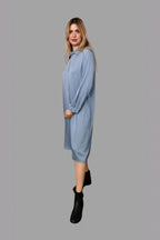 Mulberry Silk Dress with long Sleeves in Pale Grey Blue with Embroidery Design one size - Vshine Silk and Shine 