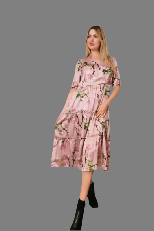 Mulberry Silk Dress in V neck with Pleating Details featuring Cherry Blossom Design in Soft Pink
