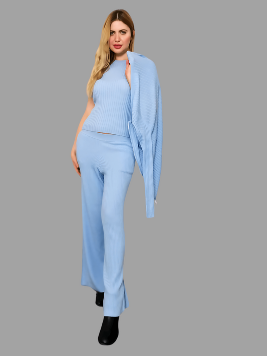 100% Cashmere Women's Ribbed Knitwear set, Baby Blue