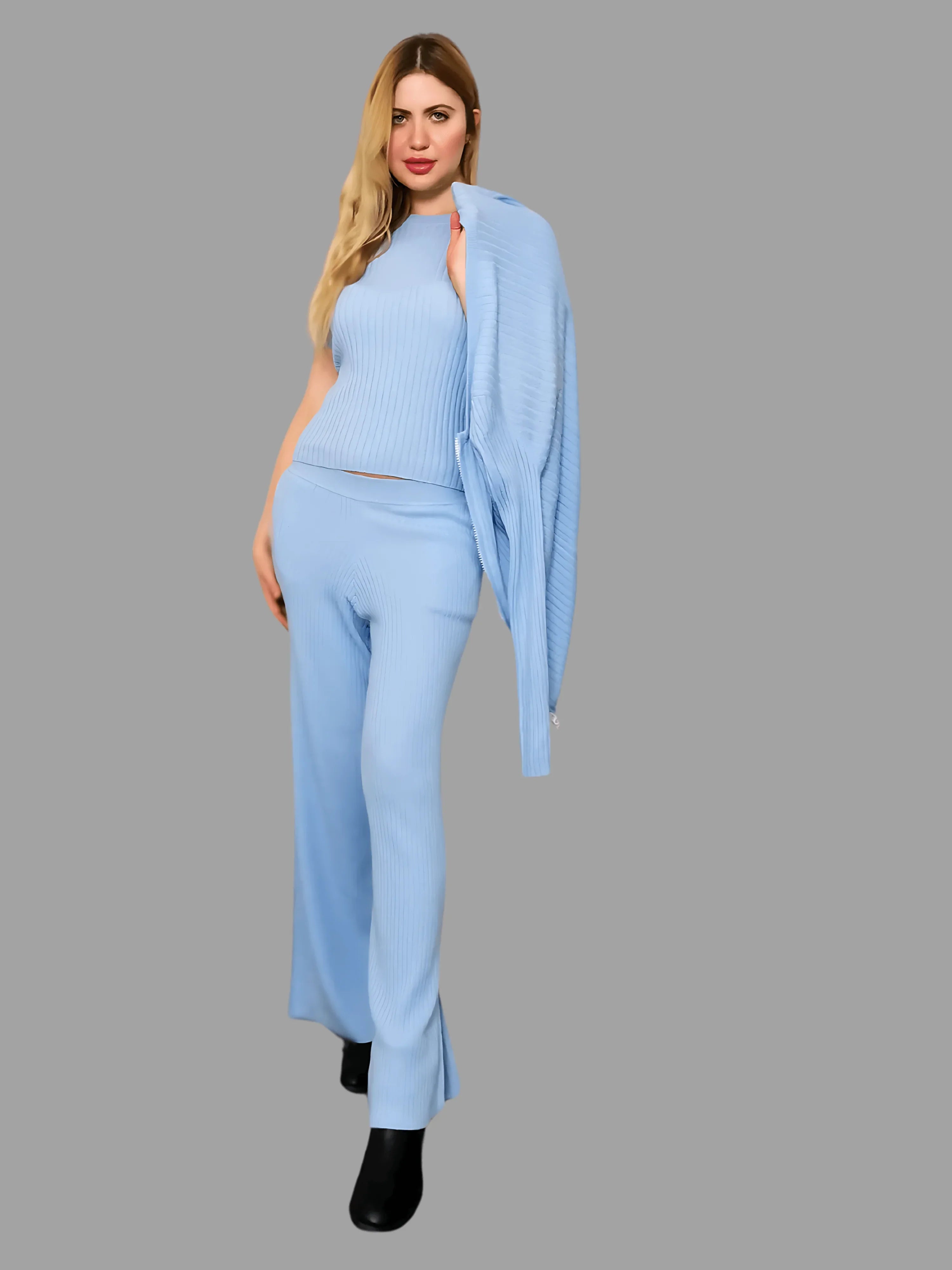 100% Cashmere Women's Ribbed Knitwear Co-ord Set, Knitted Co-ords, Baby Blue - Vshine Silk and Shine 
