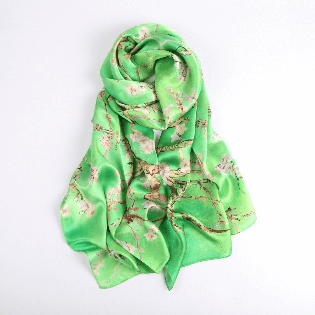 Silk Scarf Collections|Blossom Range|Cherry Blossom Design|Green|Long Silk Scarf