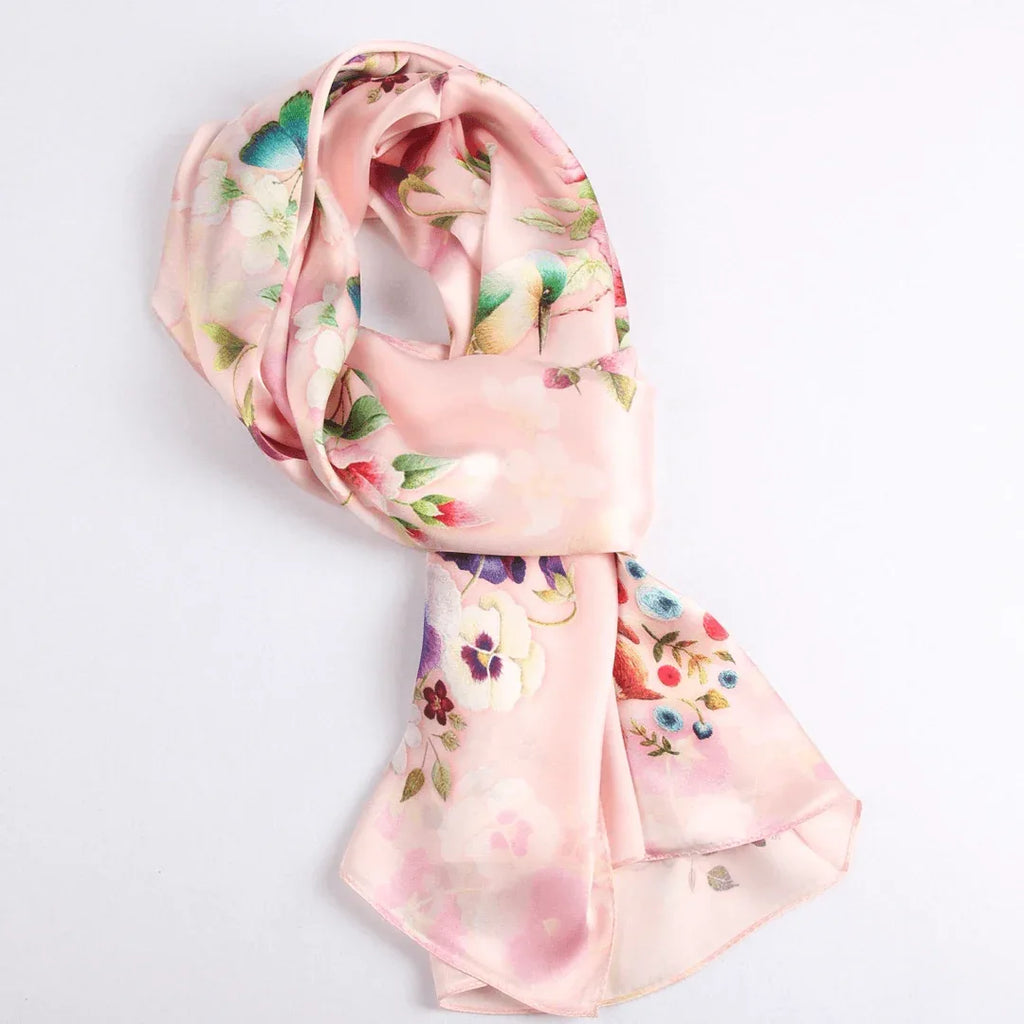 Silk Scarf Collections|Blossom Range|Garden Bliss|Cream|Long Silk Scarf - Vshine Silk and Shine 