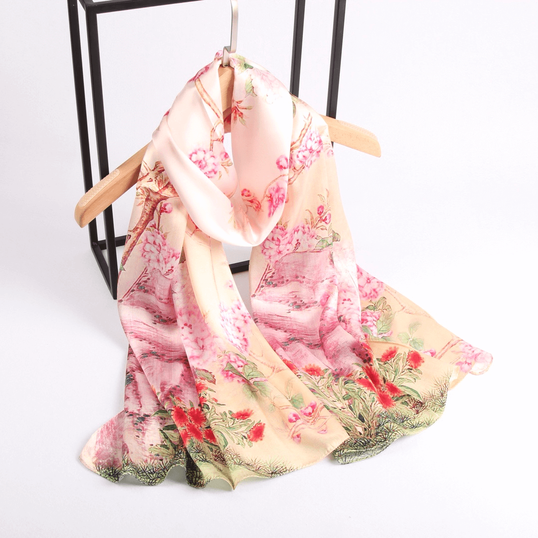 Vshine Silk and Shine Fashion Accessories|Silk Scarf Collections|Blossom Range|Geranium Design|Pink|Long Silk Scarf