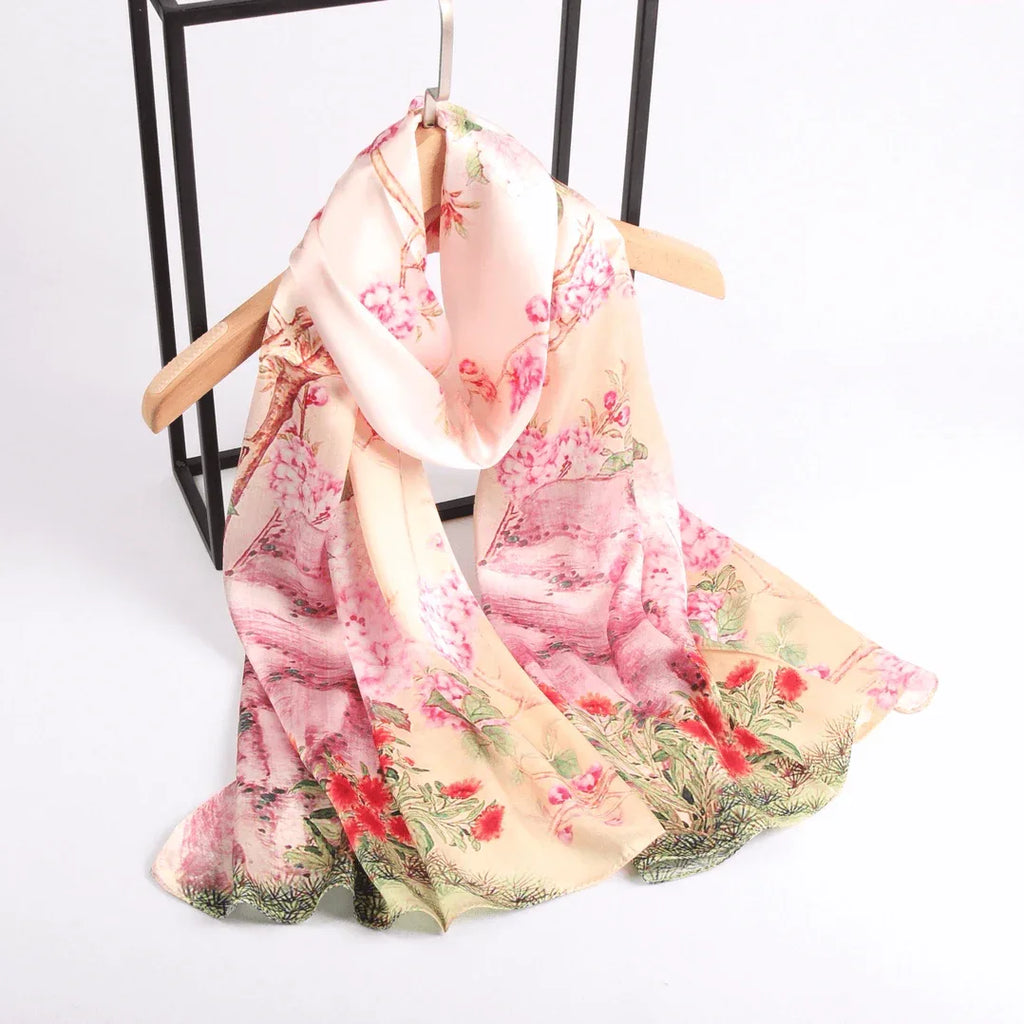Silk Scarf Collections|Blossom Range|Geranium Design|Pink|Long Silk Scarf - Vshine Silk and Shine 