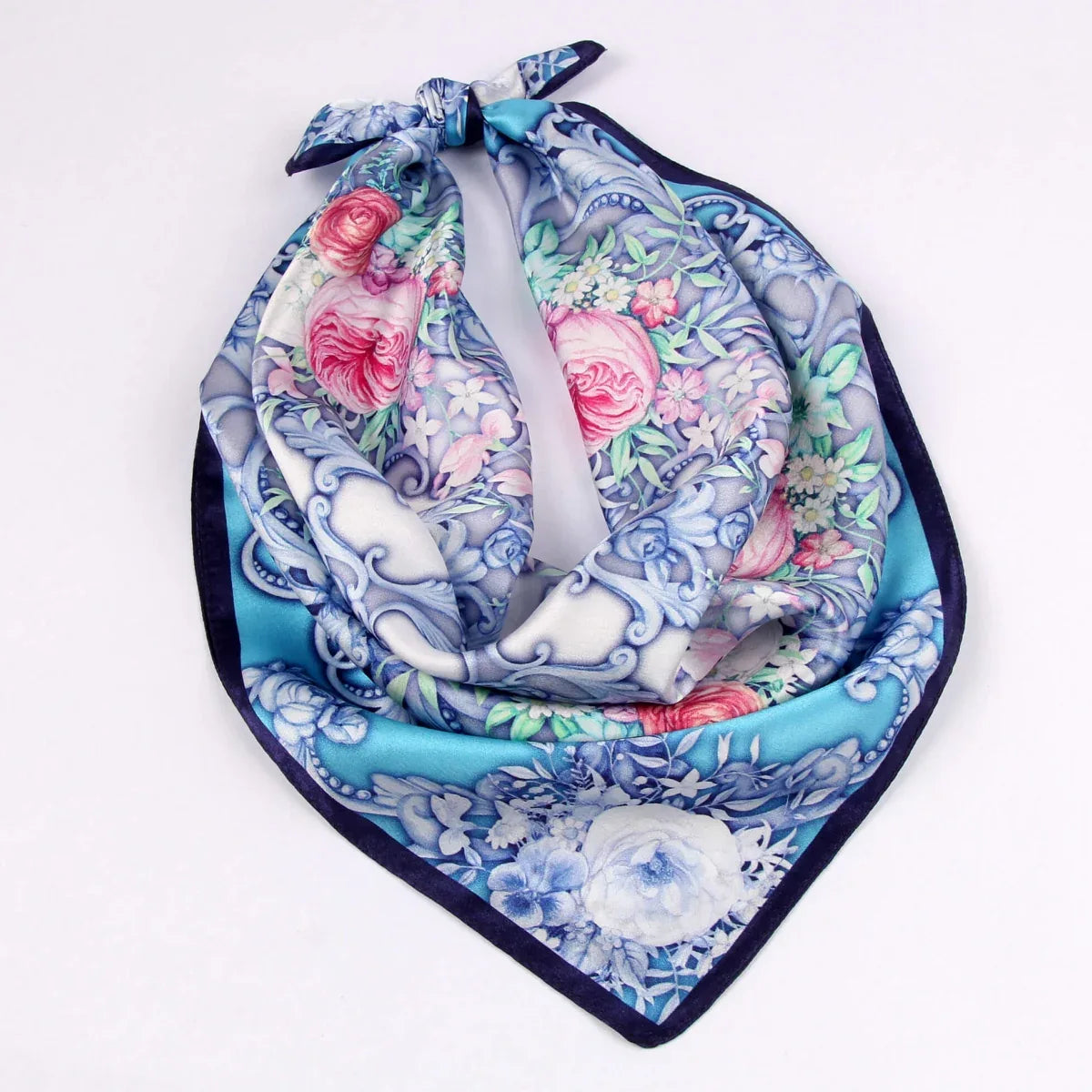 Small Square Silk Scarf|Versatile|Rose Blue Pink - Vshine Silk and Shine 