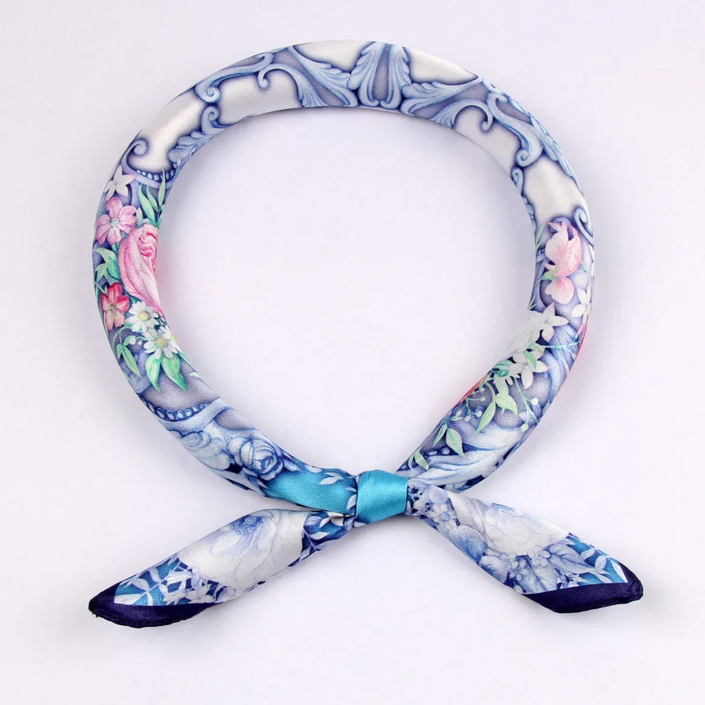 Small Square Silk Scarf|Versatile|Rose Blue Pink - Vshine Silk and Shine 