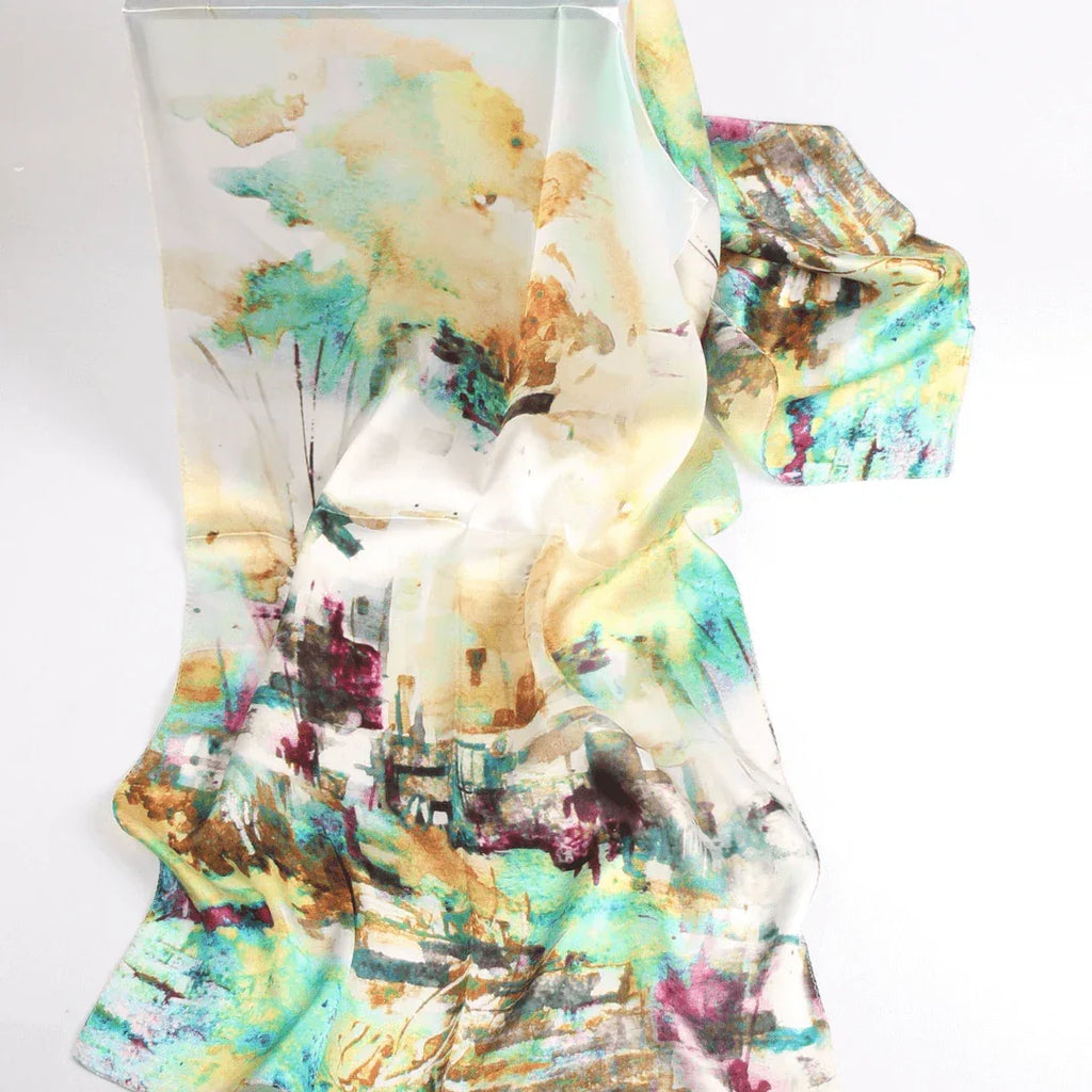 Silk Scarf Collections|Blossom Range|Impressionism Design|Beige|Long Silk Scarf - Vshine Silk and Shine 