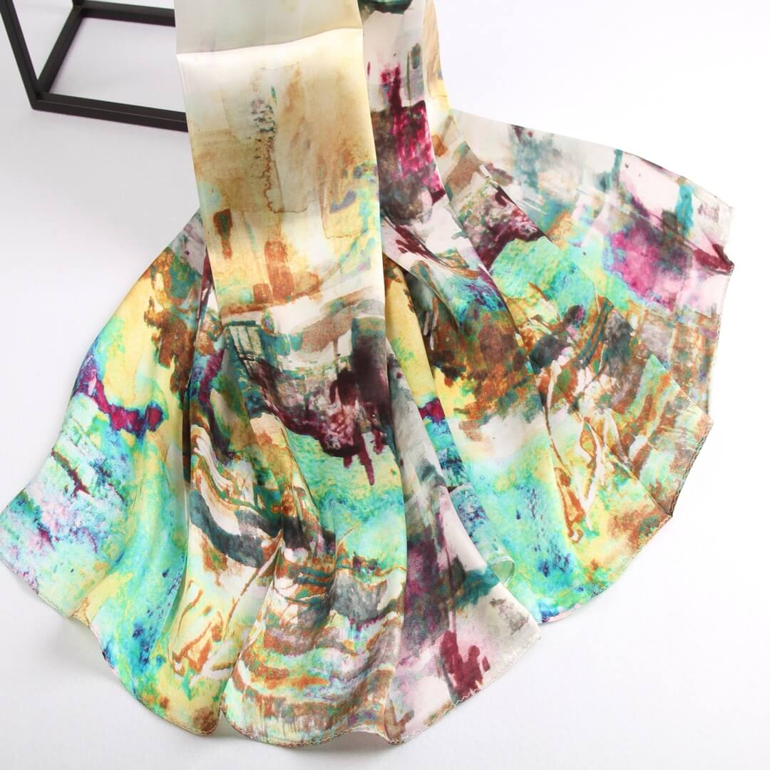 Vshine Silk and Shine Fashion Accessories|Silk Scarf Collections|Blossom Range|Impressionism Design|Beige|Long Silk Scarf