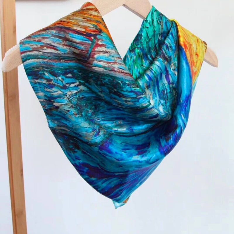 Oil Paint Silk Scarf| Evening Landscape with Rising Moon - Vshine Silk and Shine 
