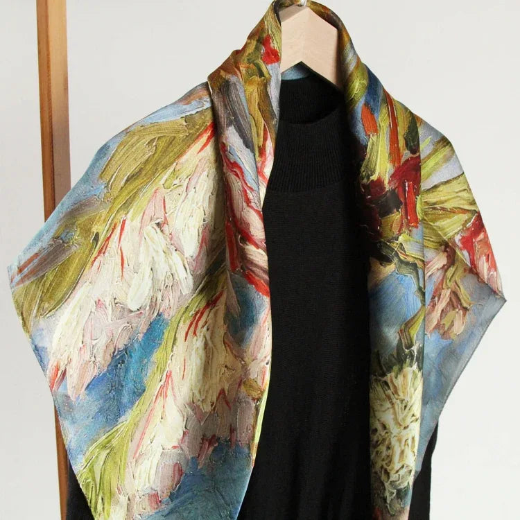 Oil Paint Silk Scarf| Vase with gladioli and China Asters - Vshine Silk and Shine 