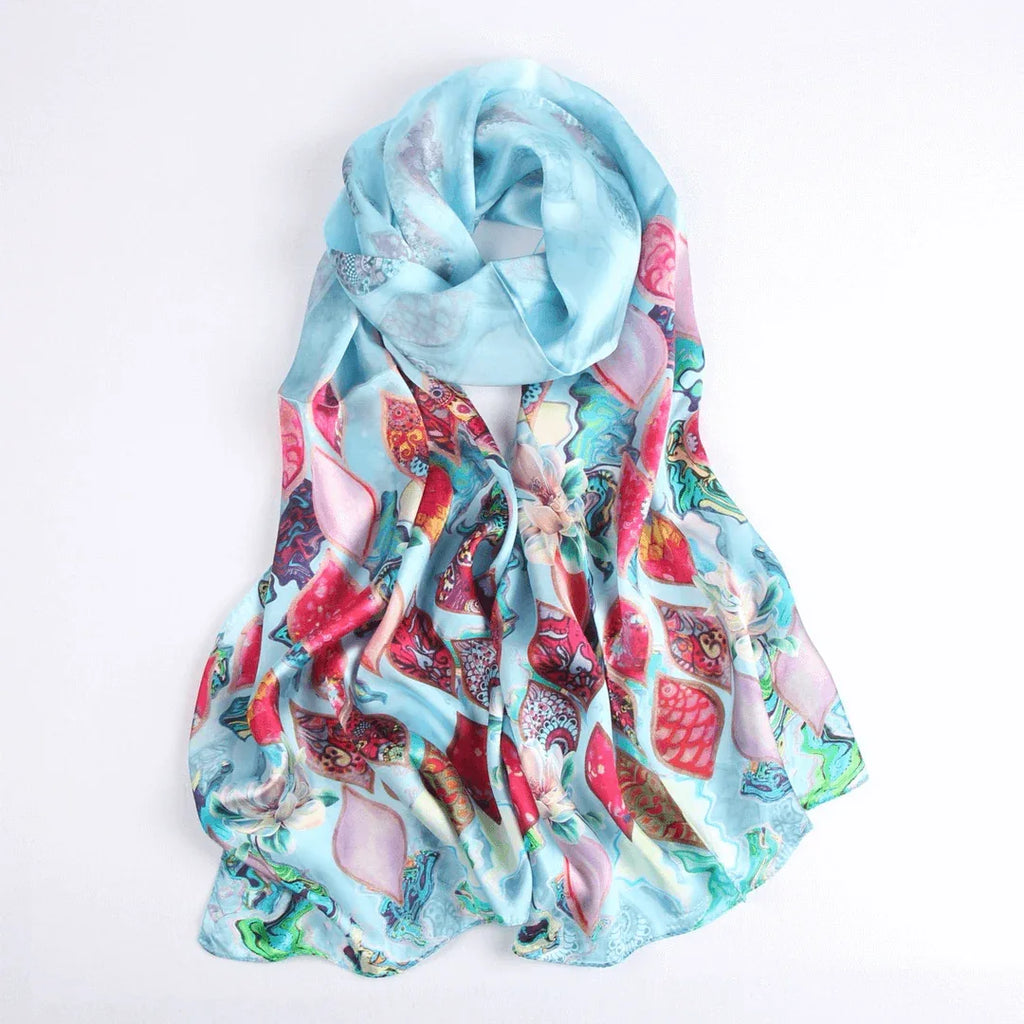 Silk Scarf Collections|Blossom Range|Tropical Sea design|Blue|Long Silk Scarf - Vshine Silk and Shine 