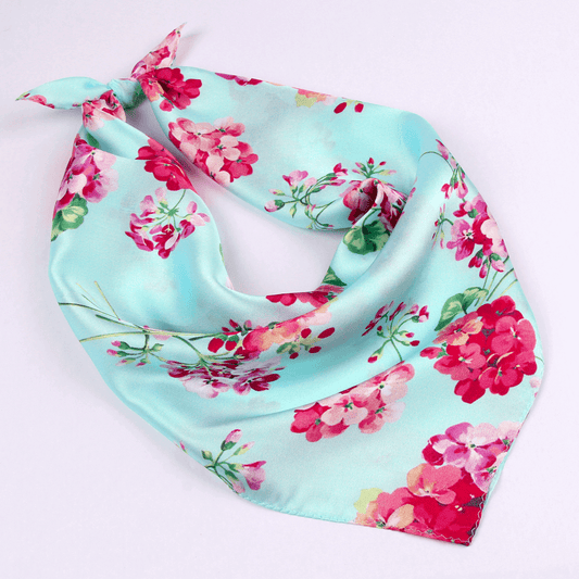 Petit foulard carré en soie|Polyvalent|Bleu fleur