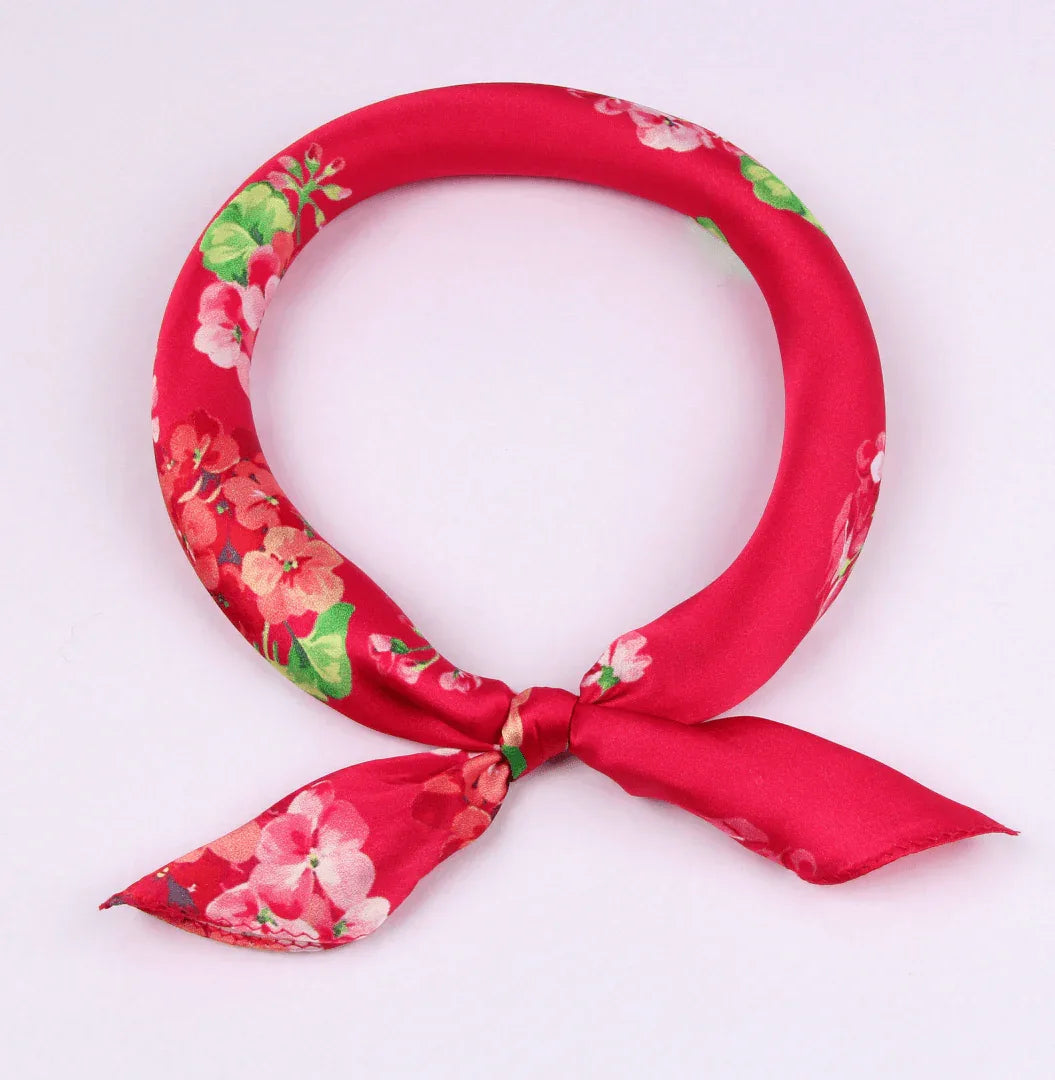 Small Square Silk Scarf|Versatile|Blossom Red - Vshine Silk and Shine 