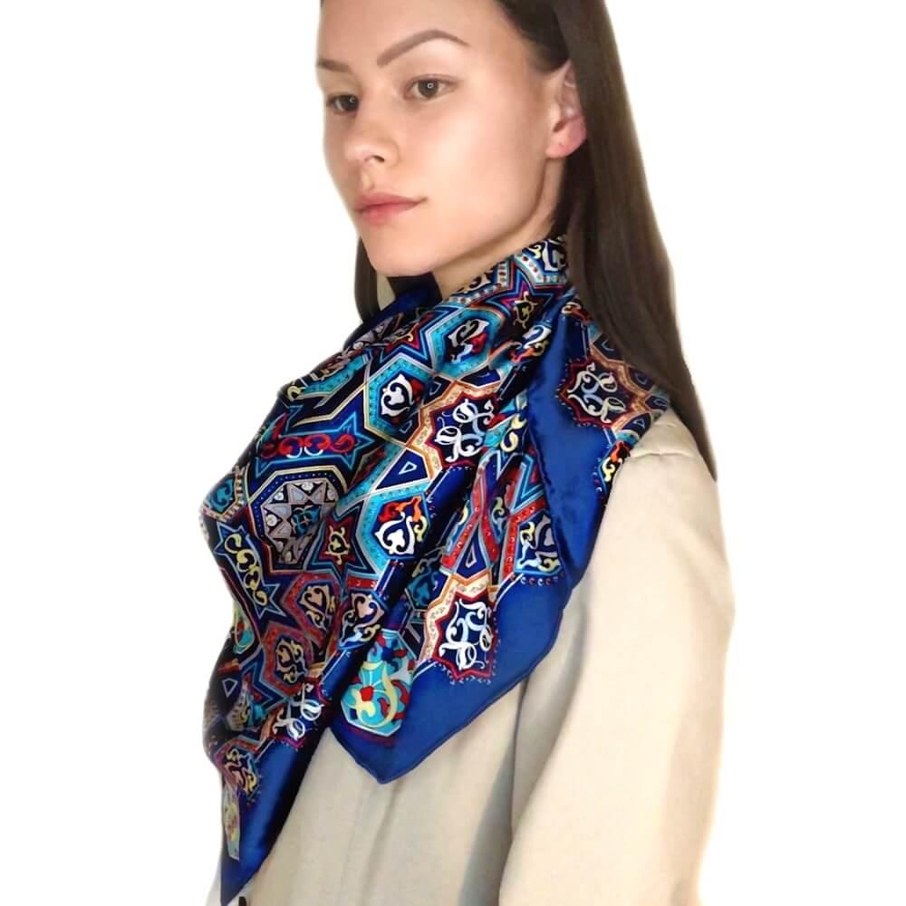 Extra Large Square Silk Scarf Silk Blue Diamond - Vshine Silk and Shine 