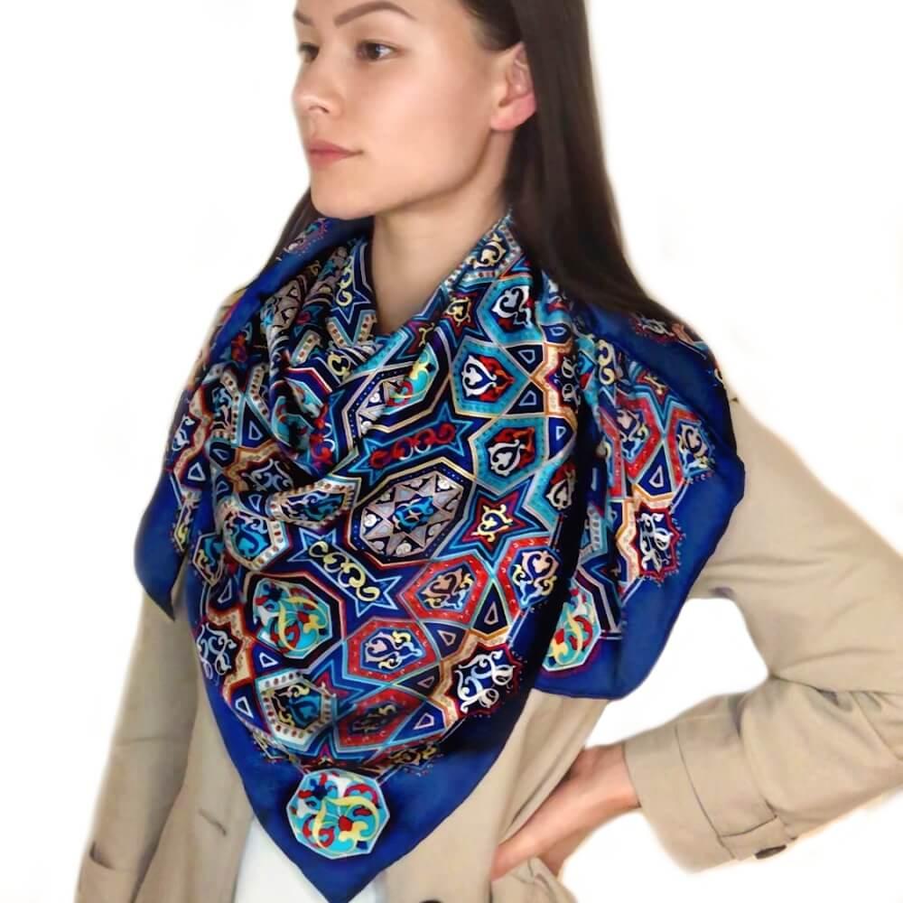 Extra Large Square Silk Scarf Silk Blue Diamond - Vshine Silk and Shine 