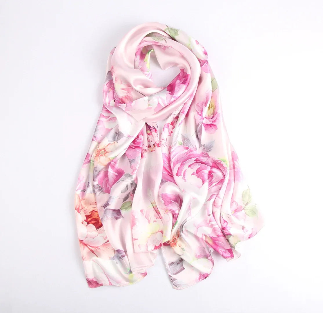 Silk Scarf Collections|Blossom Range|China Rose Design|Pink|Long Silk Scarf - Vshine Silk and Shine 