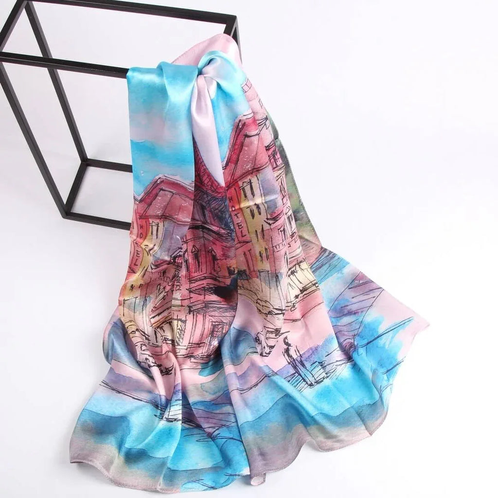 Silk Scarf Collections|Blossom Range|oil Painting Design|Blue|Long Silk Scarf - Vshine Silk and Shine 