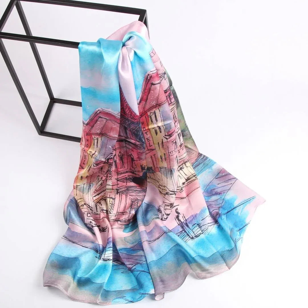 Silk Scarf Collections|Blossom Range|oil Painting Design|Blue|Long Silk Scarf - Vshine Silk and Shine 