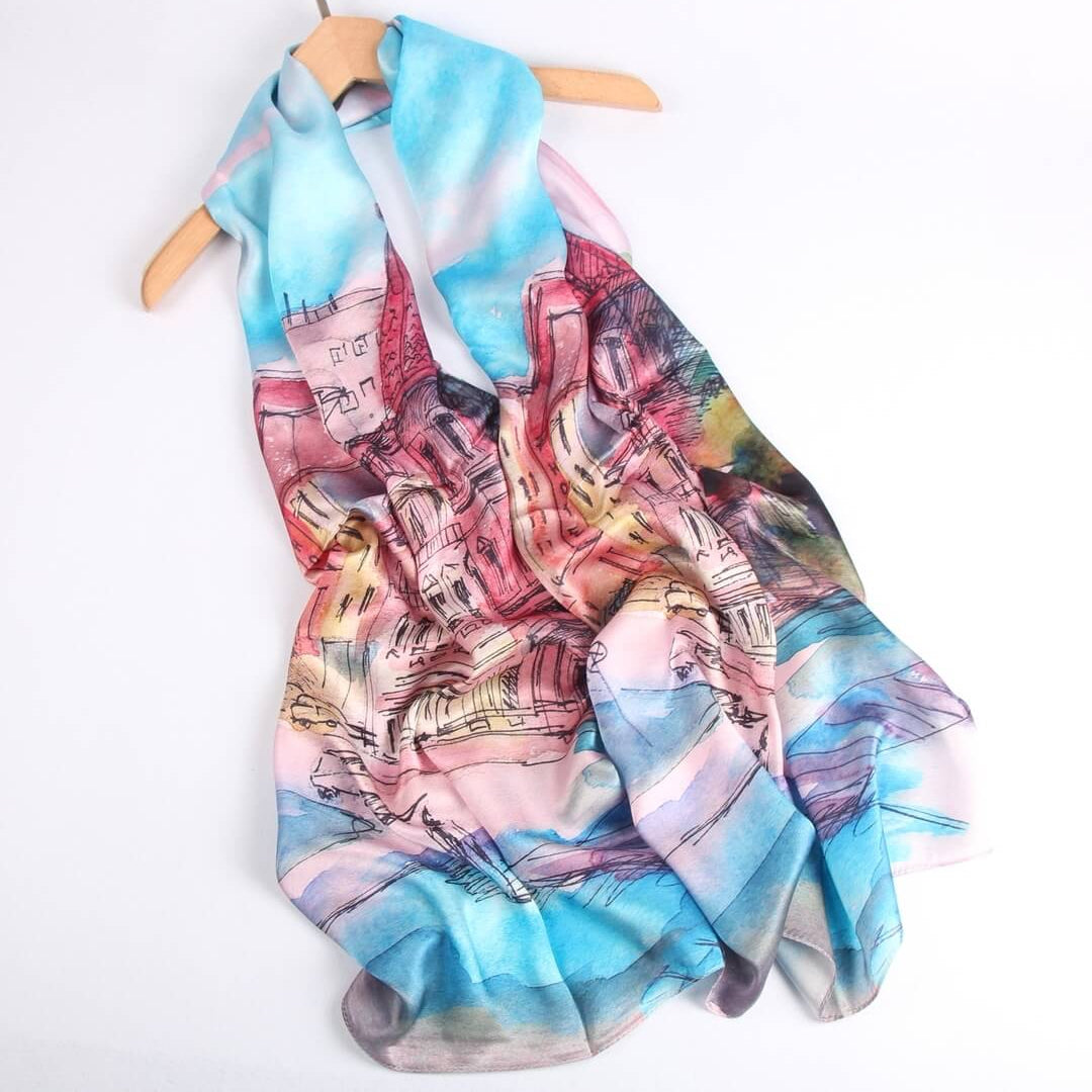 Vshine Silk and Shine Fashion Accessories|Silk Scarf Collections|Blossom Range|oil Painting Design|Blue|Long Silk Scarf