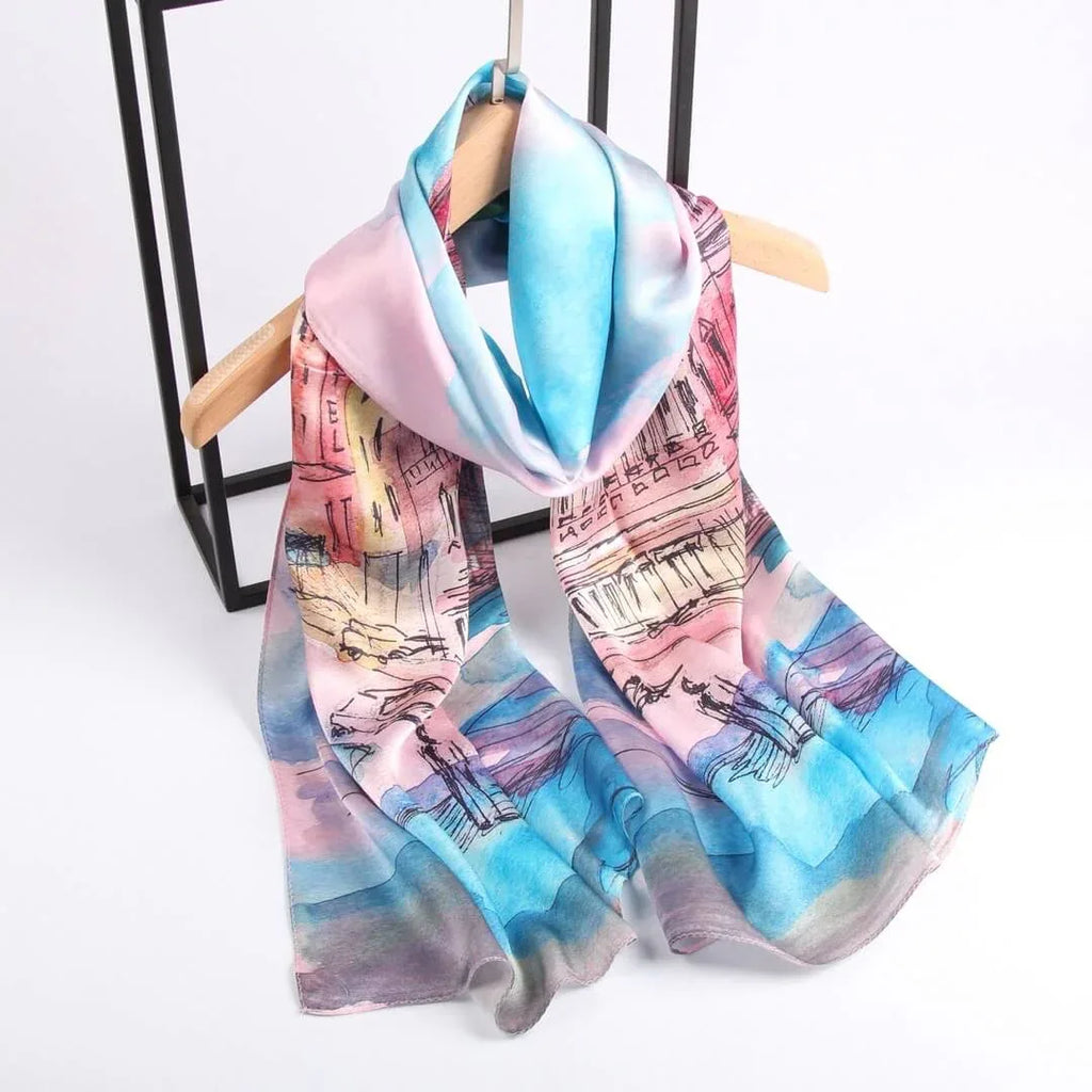 Silk Scarf Collections|Blossom Range|oil Painting Design|Blue|Long Silk Scarf - Vshine Silk and Shine 