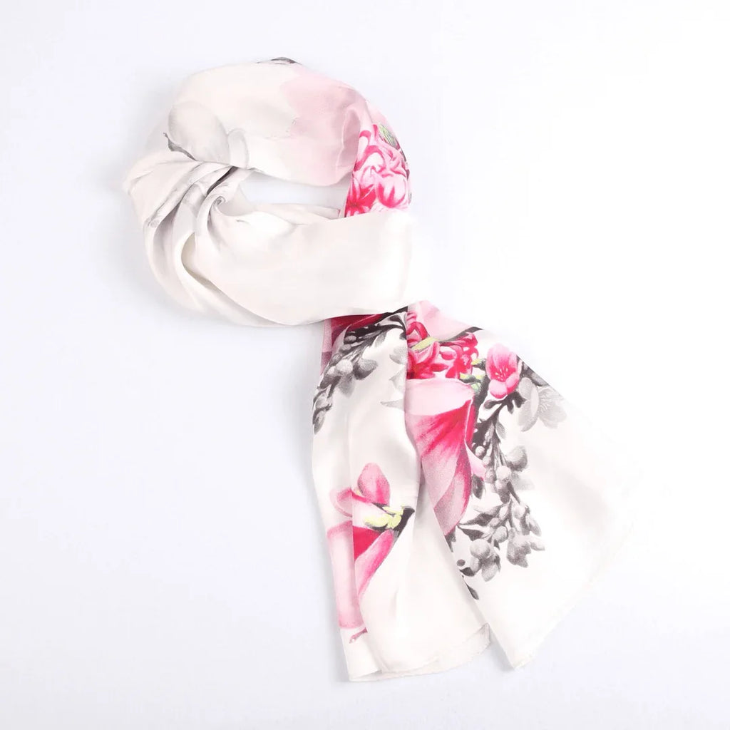 Silk Scarf Collections|Blossom Range|Magnolia Design|White|Long Silk Scarf - Vshine Silk and Shine 