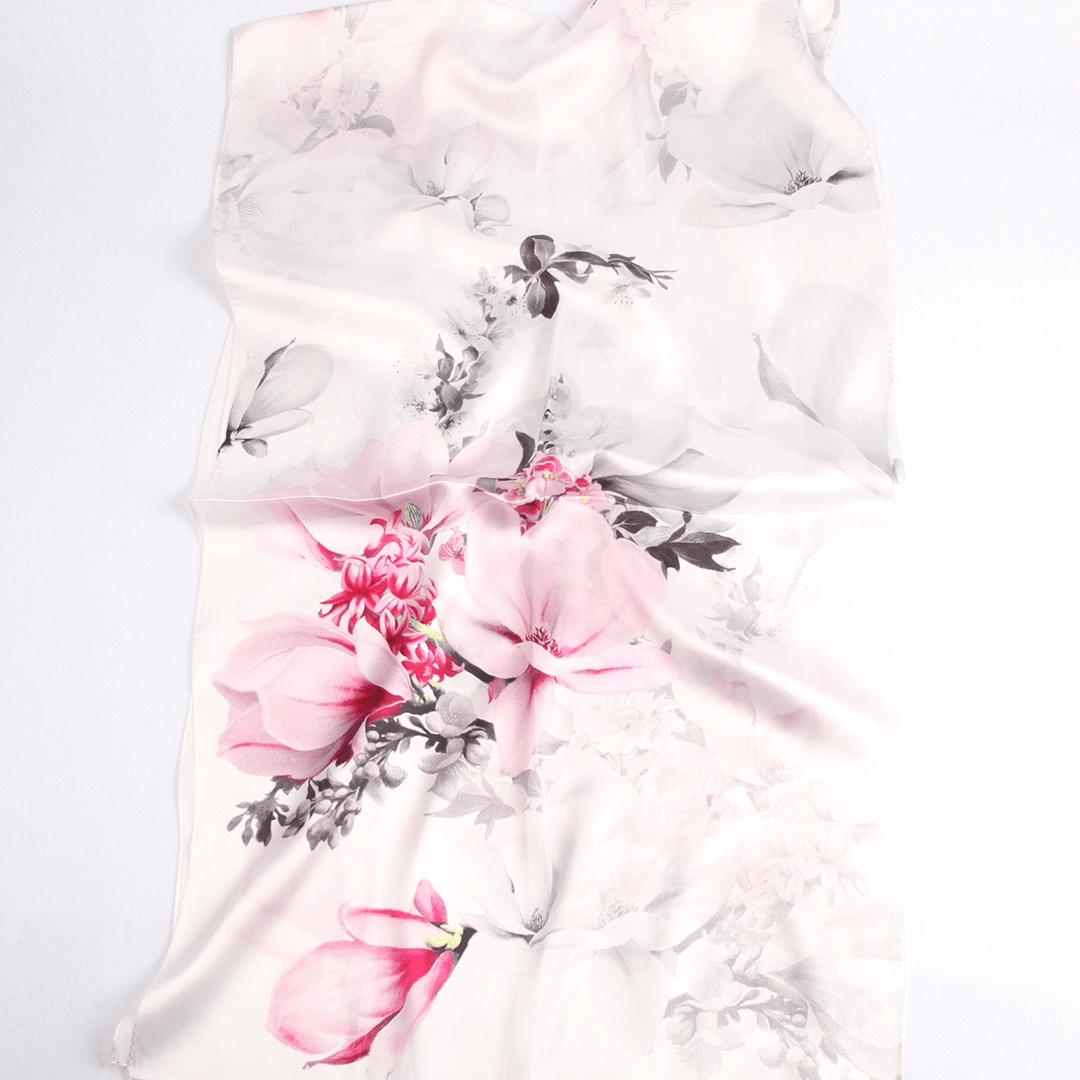 Vshine Silk and Shine Fashion Accessories|Silk Scarf Collections|Blossom Range|Magnolia Design|White|Long Silk Scarf