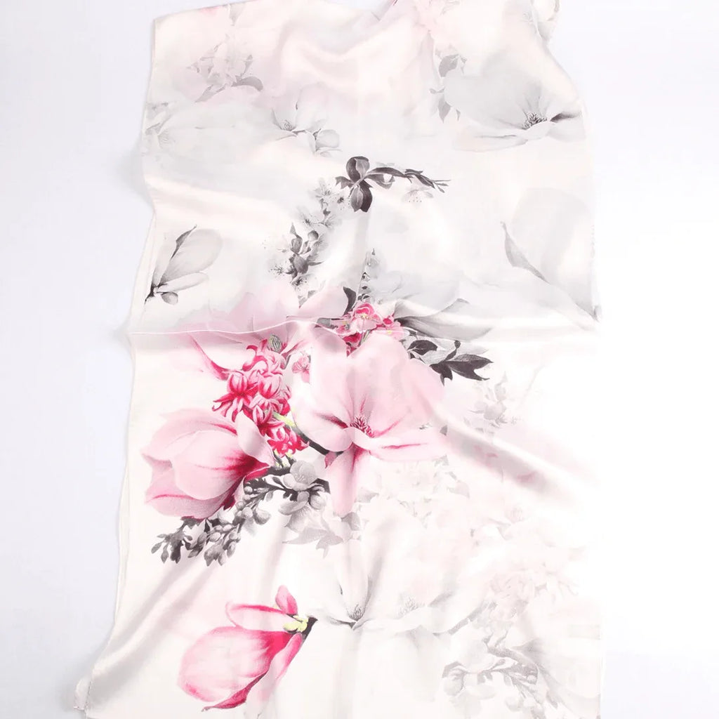 Silk Scarf Collections|Blossom Range|Magnolia Design|White|Long Silk Scarf - Vshine Silk and Shine 