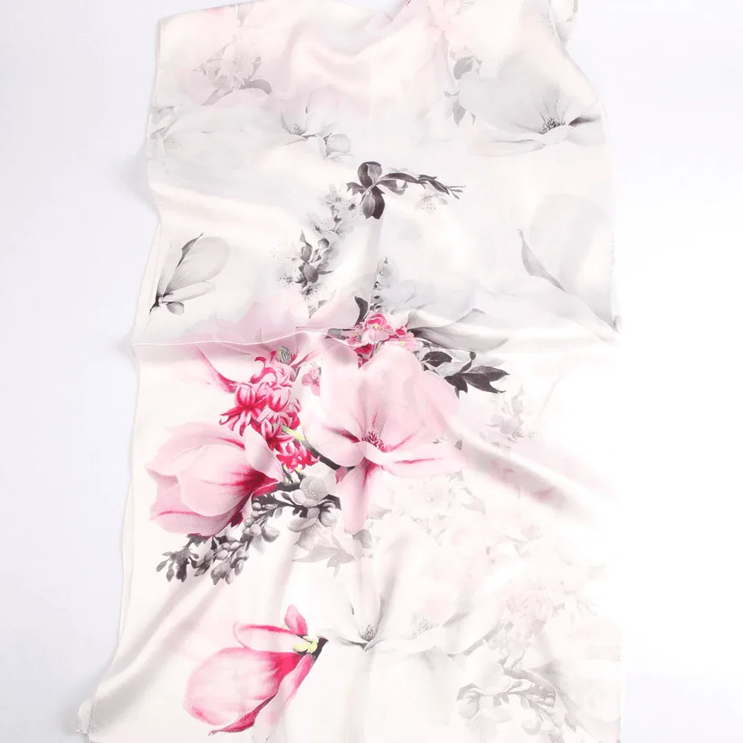 Silk Scarf Collections|Blossom Range|Magnolia Design|White|Long Silk Scarf - Vshine Silk and Shine 