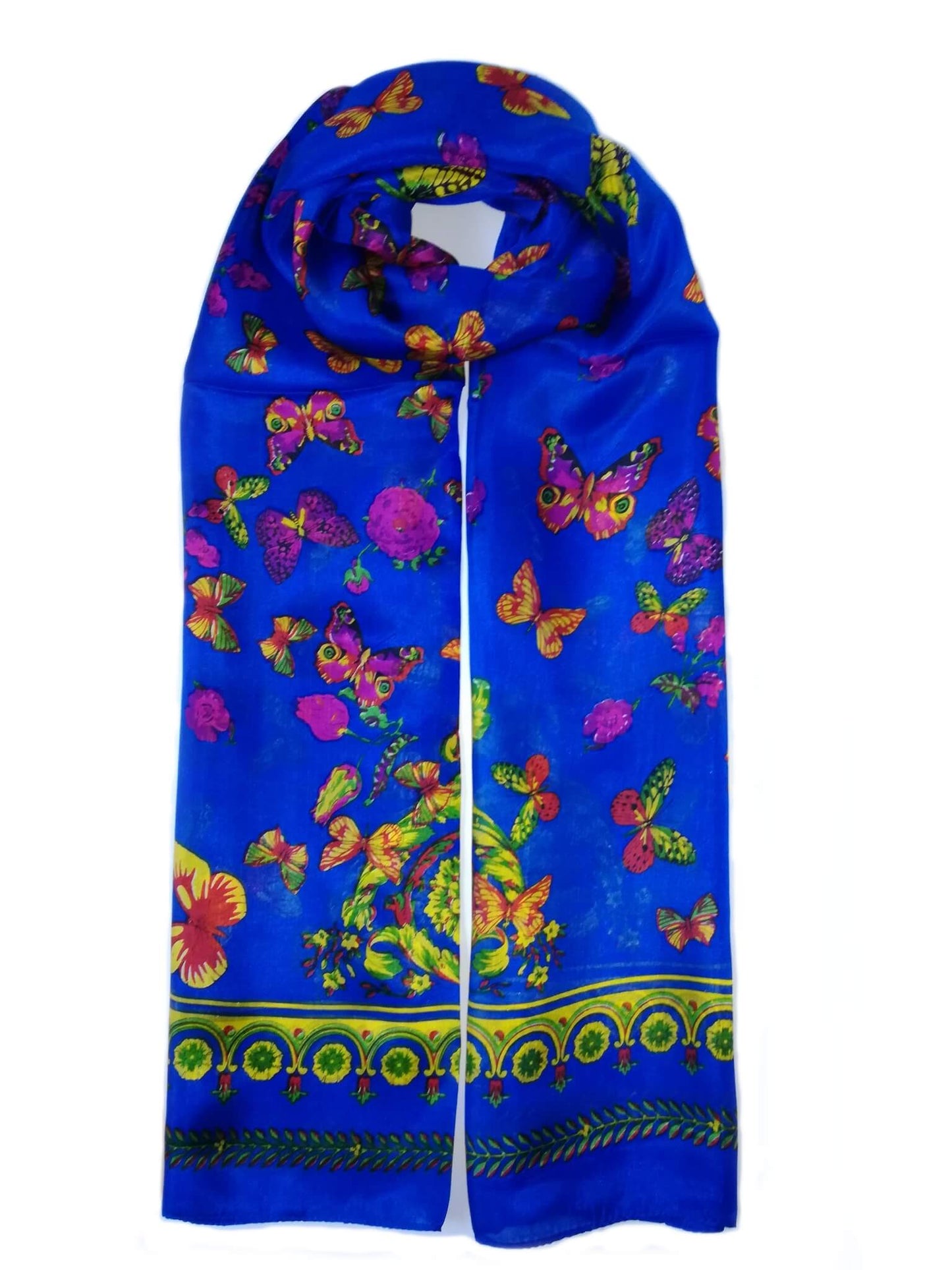 Rainbow| Large Silk Scarf Butterfly Blue - Vshine Silk and Shine Fashion Accessories