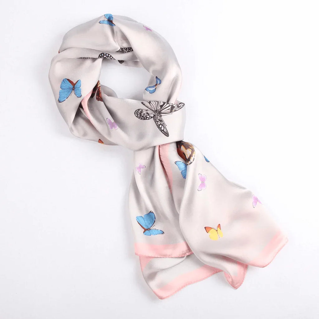 Silk Scarf Collections|Blossom Range|Butterfly Design|Silver|Long Silk Scarf - Vshine Silk and Shine 