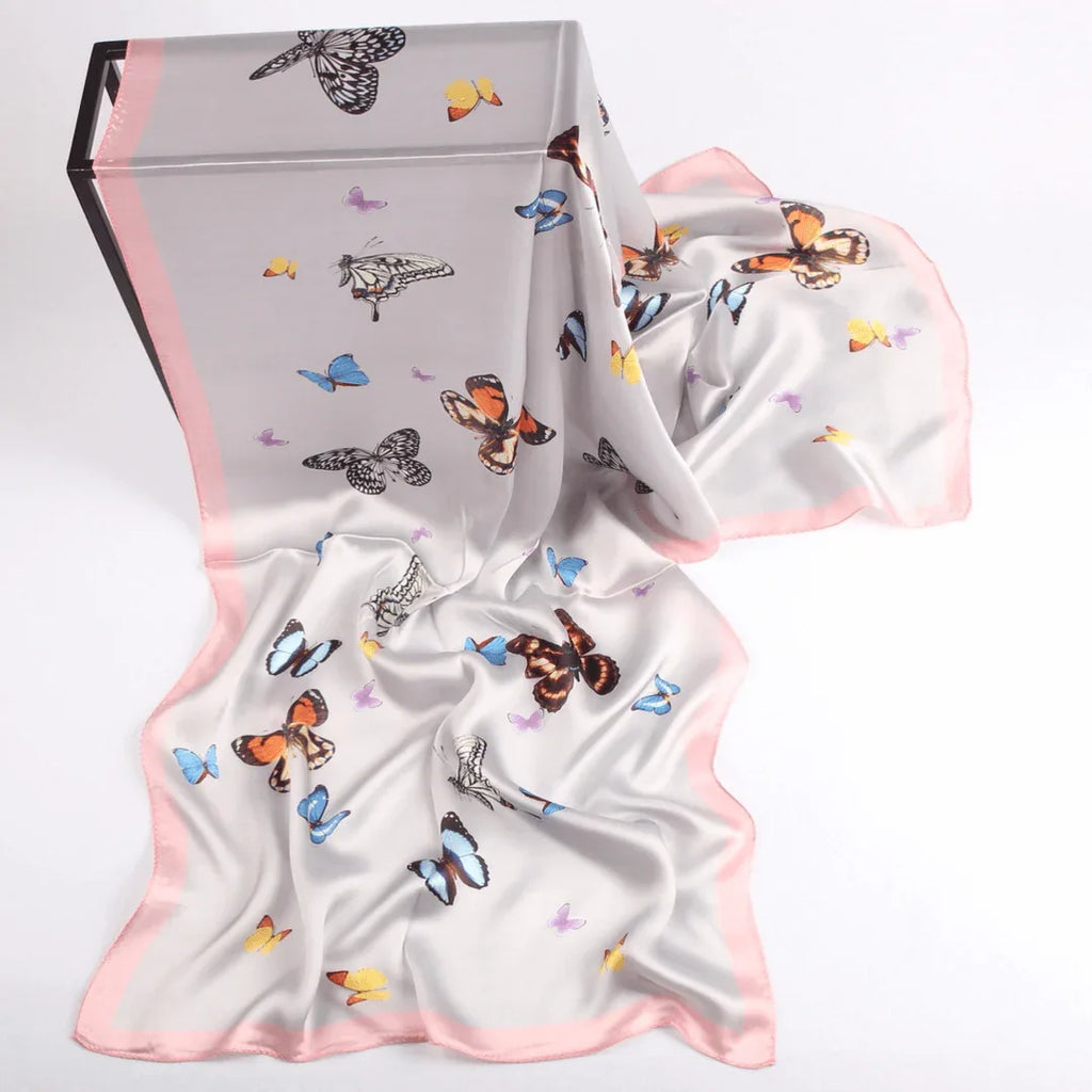 Silk Scarf Collections|Blossom Range|Butterfly Design|Silver|Long Silk Scarf - Vshine Silk and Shine 