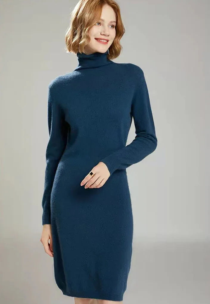 Wool-Cashmere Blend Roll Neck Knee Length Dress Elegance - Vshine Silk and Shine 