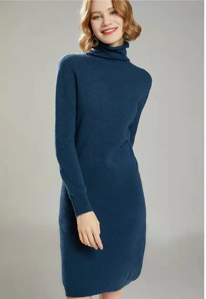 Wool-Cashmere Blend Roll Neck Knee Length Dress Elegance - Vshine Silk and Shine 
