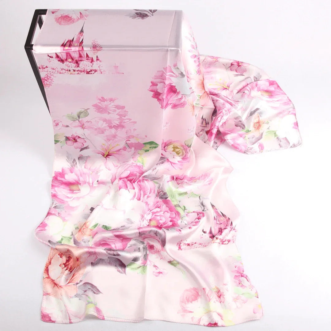 Silk Scarf Collections|Blossom Range|China Rose Design|Pink|Long Silk Scarf - Vshine Silk and Shine 